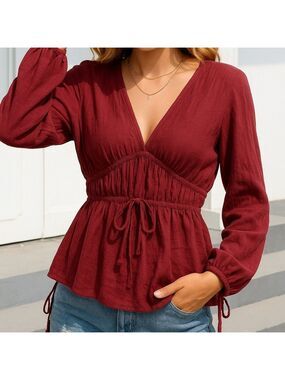 FAVLUX Balloon Sleeve Plunge Peplum Blouse